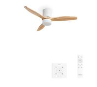 CREATE / WINDCALM LINE/Ventilateur de plafond blanc avec lumière, contrôleur mural et télécommande, pales bois naturel lignes horizontales / 40W,Ø132 cm,3 températures de lumière,fonction été-hiver