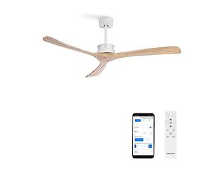CREATE / WINDLARGE/Ventilateur de plafond avec télécommande et Wifi, blanc pales bois naturel / 40W, silencieux, Ø152 cm, 6 vitesses, minuterie, 2 hauteurs, moteur DC, fonction été-hiver