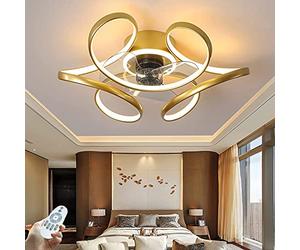 Créatif Ventilateurs De Plafond Lustre Dimmable Ventilateur Invisible Plafonnier LED Avec éclairage Salon Moderne Télécommande Ultra-Silencieux Timing Chambre Bar Lampe De Ventilateur (Gold,ø55CM)