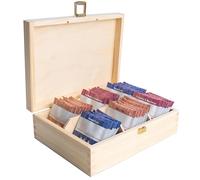 Creative Deco Boite a The en Bois Non Peint | Boite de Rangement Sachet | 21 x 16 x 7 cm | 6 Compartiments | Boîte à Thé | Diviseurs Amovibles | Rangement Cuisine