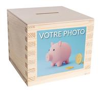 Creative Deco Tirelire en Bois Personnalisée avec Photo 9,5 x 9,5 x 9 cm (+/- 1 cm) | Bois de Pin Brut | Boîte à Argent | Coffret à Epargne | Idéal comme Tirelire pour Petite Monnaie