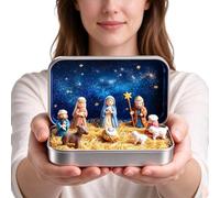 Crèche générique dans une boîte en fer blanc, ensemble de crèche miniature | Toile de fond étoilée en métal à couvercle rabattable, décor de vacances Portable à collectionner