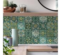 Credence Adhesive pour Cuisine 10x10cm Fleurs Vert Jaune Carrelage Adhesif Mural Salle de Bain Imperméable Stickers Muraux Cuisine Meubles Décoration Maison Stickers Carrelage (10 Pièces)