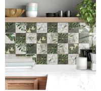 Credence Adhesive pour Cuisine Feuilles Vertes Tropicales Carrelage Adhesif Mural Cuisine PVC Imperméable pour Cheminée Armoire Mur Meubles Décoration Stickers Carrelage 20x20 cm/ 10 Pièces