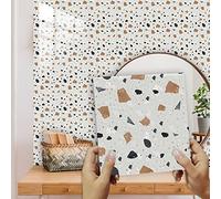 Credence Adhesive pour Cuisine Terrazzo Taupe Carrelage Adhesif Mural Salle de Bain Imperméable Vinyle Stickers Muraux Cuisine Décoration Stickers Carrelage 10 Pièces/30x30cm