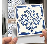 Credence Adhesive pour Cuisine Vintage Beige Bleu Carrelage Adhesif Mural Salle de Bain Imperméable Vinyle Stickers Muraux Cuisine Décoration Stickers Carrelage 10 Pièces/10x10cm
