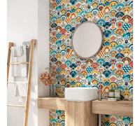 Crédence adhésive sticker pour salle de bain - Lumaléa - Motif carreaux de ciment - Adhésif + Protection BRILLANTE - 90x90 cm