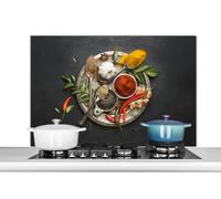 Credence Une assiette d'épices utilisées dans la préparation des plats indiens. Fond de hotte 100x65 cm Credence aluminium Plaque inox de cuisine