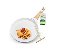 Crêpière Antiadhésive 28 cm - Poêle à Crêpes Induction avec Répartiteur en Bois, Revêtement Marbre Crème,Manche Bakélite & Bois, Tous Feux Dont