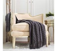 Crevent Plaid décoratif en Tricot, Doux, Chaud, Confortable, léger, pour canapé, Chaise, lit, pour Le Printemps, l’été, 127 cm x 152 cm, Gris foncé/Noir
