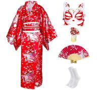 CRFASIBE 5 Pièces Kimono Robe Longue pour Femme, Kimono Japonais Peignoir Imprimé Sakura, Japonaise Cosplay Yukata Set de Costume avec Accessoires(Rouge)