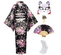 CRFASIBE 5 Pièces Kimono Robe Longue pour Femme, Kimono Japonais Peignoir Imprimé Sakura, Japonaise Cosplay Yukata Set de Costume avec Accessoires(Noir)