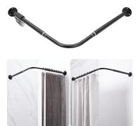 Crkmire Barre de Douche d'Angle en L Réglable [62-121 cm] x [62-121 cm], avec 12 Crochets et Support de Plafond pour Baignoire ou Salle de Bain - Noir Mat