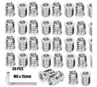 CRLYLC Lot de 50 écrous à visser M6 x 15 mm - Insert fileté pour bois - Manchons à visser à six pans creux pour meubles en bois - Insert fileté - Écrous hexagonaux à six pans creux en acier galvanisé