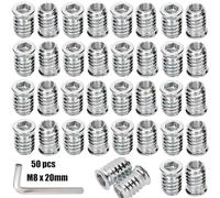 CRLYLC Lot de 50 écrous à visser M8 x 20 mm, insert fileté en bois, manchons filetés, douille à visser, en alliage de zinc, écrou à enfoncer, six pans creux, pour meubles en bois