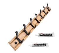 Crochet Mural Bois de Bambou Adhésif Meuble Porte Manteau Perçage 7 Patères Porte Vetement Visser pour Entrée Chambre Coucher Couloir Suspendu Veste Sac Serviette 70cm