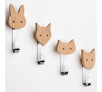 Crochets muraux en chêne pour enfants. Crochets de vestiaire et penderie pour chambre d'enfant. Crochets de vestiaire de grande qualité avec des motifs d'animaux : chien, chat, renard, lapin (lot de 4