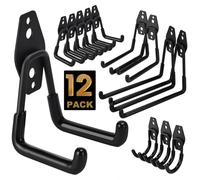 Crochets muraux pour garage, lot de 12, grande capacité de charge, 4 tailles différentes, double crochet, pour outils de jardin, équipement sportif, échelle, organisation de garage (noir)