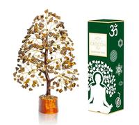 Crocon Tiger Eye Gemstone Tree Feng Shui Figurine Money Bonsai Good Luck Chakra Balancing Reiki Healing Crystals Decoration Ornament Sculpture Prosperity Table Decor Gift Size 10-12"