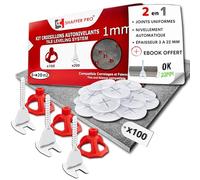 Croisillons carrelage autonivelant 1mm I SHAFFER PRO I Comptatible 20mm | Kit 100 Bagues + 100 cadrans + 200Clips 1mm I Dalle / carreau 3-22 mm I Système nivellement à visser, Pose Sols/murs