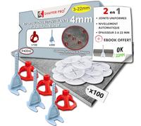 Croisillons carrelage autonivelant 4mm I SHAFFER PRO I Comptatible 20mm | Kit 100 Bagues + 100 cadrans + 200 clips 4mm I Dalle / carreau 3-22 mm I Système nivellement à visser, Pose Sols/murs