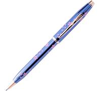 Cross Century II Cherry Blossom Stylo à bille (bâtonnets M, couleur de l'encre : noir, mécanisme rotatif, avec boîte cadeau de qualité supérieure), vernis bleu translucide, ferrures en acier