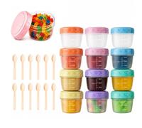 Cryptadg 12 Pièces Boîtes de Conservation Plastique, 80ml Boite Alimentaire | Boîtes de Conservation avec Graduation et Couvercle, Pots Alimentaires avec Cuillères en Bois, pour Sauces, Épices, Snacks