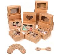 Cryptisg 16 Pièces Boîte en Papier Kraft, Petite Boîte Cadeau avec Etiquett | 9,3 x 6cm Boîtes en Papier Kraft avec Fenêtres Transparentes et Ficelle pour Chocolat Pâtisserie Biscuit Cadeaux