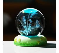 Crystal Ball Engraved with 3D Cat and Lily of The Valley Figurine with LED Colorful Base, Glass Cat Sphere Collectible Ornament Gifts for Women Cat Lovers,A-60mm