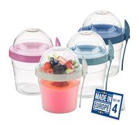 Crystalia Lot de 4 tasses à yogourt parfait pour le déplacement de 17 oz avec couvercles, compartiment pour garniture et cuillères, contenant pour céréales, flocons d'avoine, salade ou fruits