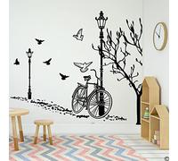 CSUNNY Stickers muraux automne vélo lampadaires arbres oiseaux décalcomanies salon enfants chambre vue ville autocollants chambre vinyle 80x69cm