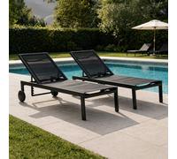 Cuba lot de 2 bains de soleil inclinables noir avec roues en aluminium