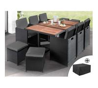 Best Mobilier Cuba - Salon de jardin encastrable 10 places - en résine tressée - Noir avec coussins gris + housse de protection , Noir / Gris