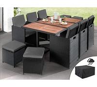 Best Mobilier Cuba - Salon de jardin encastrable 10 places - en résine tressée - Noir avec coussins gris + housse de protection , Noir / Gris