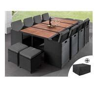 Best Mobilier Cuba - Salon de jardin encastrable 12 places - en résine tressée - Noir avec coussins gris + housse de protection , Noir / Gris