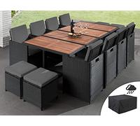 Best Mobilier Cuba - Salon de jardin encastrable 12 places - en résine tressée - Noir avec coussins gris + housse de protection , Noir / Gris