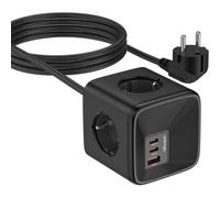 Cube 4-Way USB Power Strip with USB-A and 2-USB-C (GaN PD 33 W), 7-in-1 Power Strip (16A/4000W) Surge Arrester and Surge, Multi Socket Extension 1.5 M for Home, Office, Travel (Black)