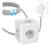 Cube de Prises avec Fiche Plate, 5 en 1 Prise Multiple Cube (250V/16A), 5 Prise de Multiples, Prise Multiple Distributeur de Prises avec Câble Tressé de 3M pour Bureau, Maison, Blanc