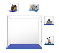 Cube Vitrine 30x30x30 pour Lego Hocus Pocus 21341 Librairie 10270 43269 | pour Chiot 101 Dalmatiens,31167 75583 76781,Transparent Acrylique,Antipoussière,Facile Installer,Base Bleue