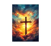 CUDAOO Toile Tableaux Jésus Christ Croix, Cadre sacré flamme nuageuse Pour salon, salle à manger, chambre à coucher, salle de bain - 60x80cm Sans cadre(Orange qui brûle)