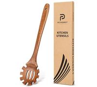Cuillère à spaghetti en bois avec dents, cuillère à spaghetti en teck pour la cuisine, le service, la collecte, la fourchette à pâtes en bois avec griffes, passoire à nouilles en bois, 32,8 cm, marron