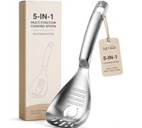 Cuillère de Cuisine Multifonction 5 en 1, Écumoire en Acier Inoxydable 304, Séparateur d’Œuf, Râpe, Presse-Purée et Ouvre-Bouteille (#A)