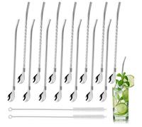 Cuillères et pailles en métal - DOK - Acier inoxydable - 2 en 1 - 22 cm - Lot de 14 - Réutilisable