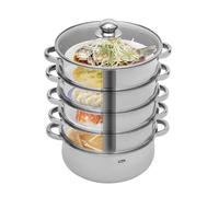 Cuiseur vapeur à 5 étages en acier inoxydable, 30 cm, avec poignées dorées, couvercle en verre, pour tous les types de plaques à induction, pour plaques à gaz, plaques à induction et casseroles