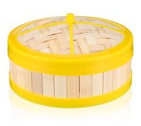 Cuiseur Vapeur Bambou Jaune 20cm avec Couvercle, Panier la Cuisine Pratique | Matériau Bambou et Plastique, Résistant et Sûr pour Légumes, Dim Sum, Poisson à Domicile