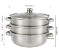 Cuiseur vapeur - Cuiseur vapeur à 3 niveaux - 3 plateaux - En acier inoxydable - 28 cm - Couvercle en verre - Empilable - Argenté