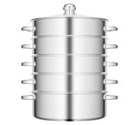 Cuiseur vapeur en acier inoxydable 304 - Marmite à vapeur à 5 niveaux - Couvercle en verre - Compatible avec les plaques à induction - Hauteur 46,5 cm - Diamètre 32 cm - Argenté