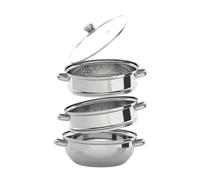 Cuiseur vapeur en acier inoxydable à 3 étages avec couvercle en verre - 28 cm - Pour cuisinières à induction et à gaz