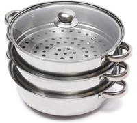 Cuiseur vapeur en acier inoxydable - Cuve à vapeur à 3 étages de 28 cm - Couvercle en verre - Pour manti/dumplings - Lavable au lave-vaisselle