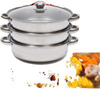 Cuiseur vapeur en acier inoxydable, trois niveaux, acier inoxydable avec couvercle en verre, pour cuisinières à induction, à gaz et électriques